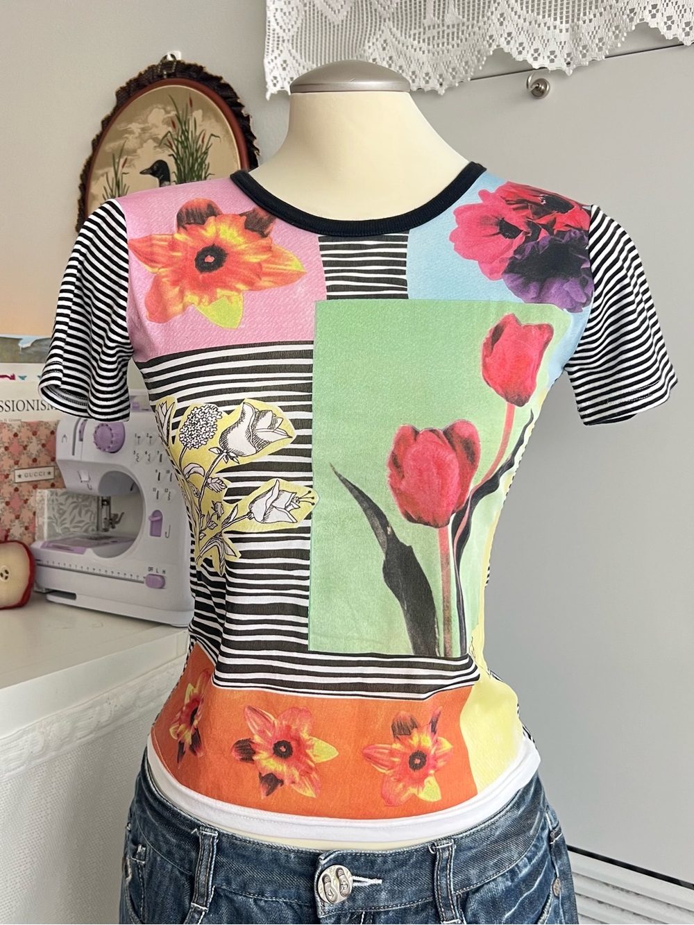 Vintage 2000s Y2K RARE Cop Opine black and white striped top with floral graphic